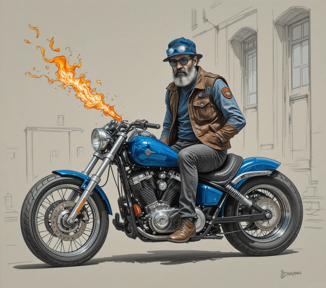 Motero barbudo en chopper azul con dramáticas llamas naranjas