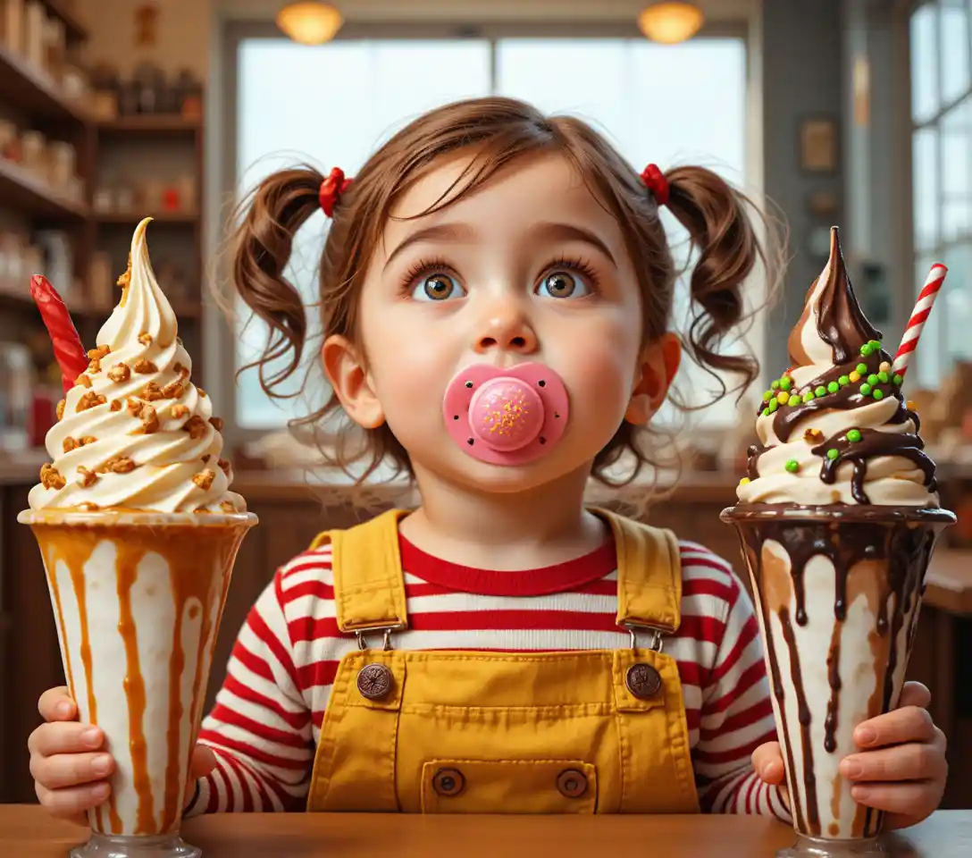 Niño pequeño curioso con chupete enmarcado por helados soft