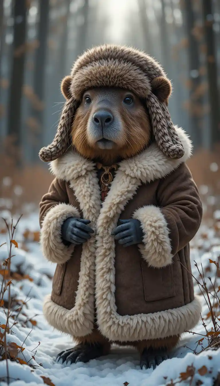 Capybara In Fur Hat And Coat In Snowy Forest Clearing