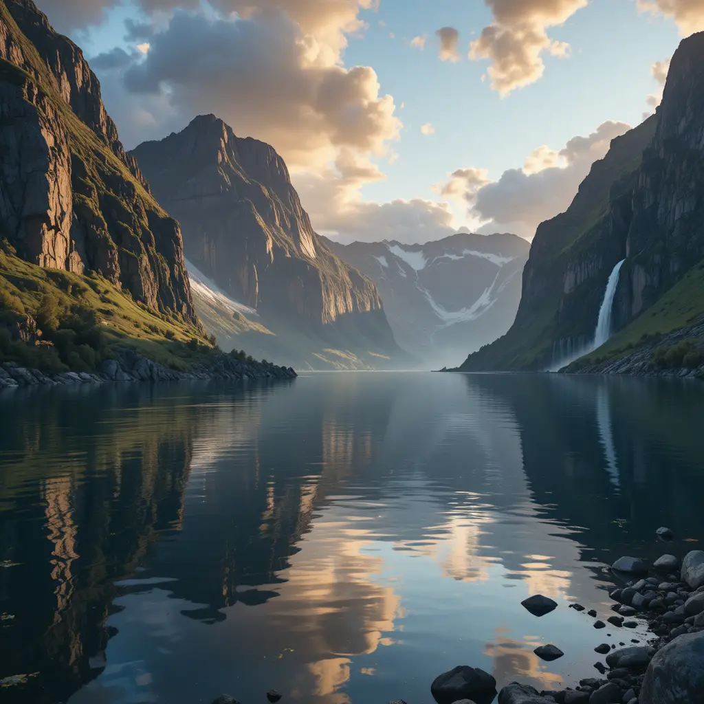 Amanecer sobre un majestuoso fiordo noruego con cascadas