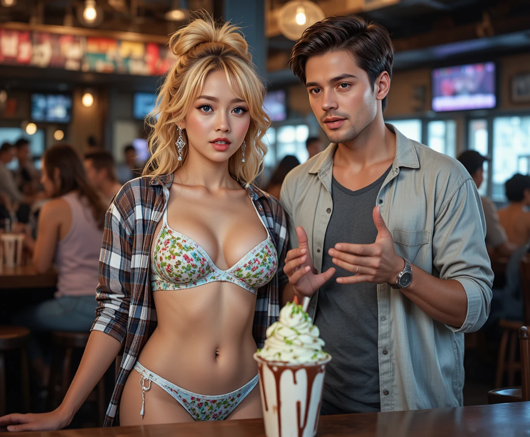 Pareja conversando mientras come helado soft en un bar acogedor
