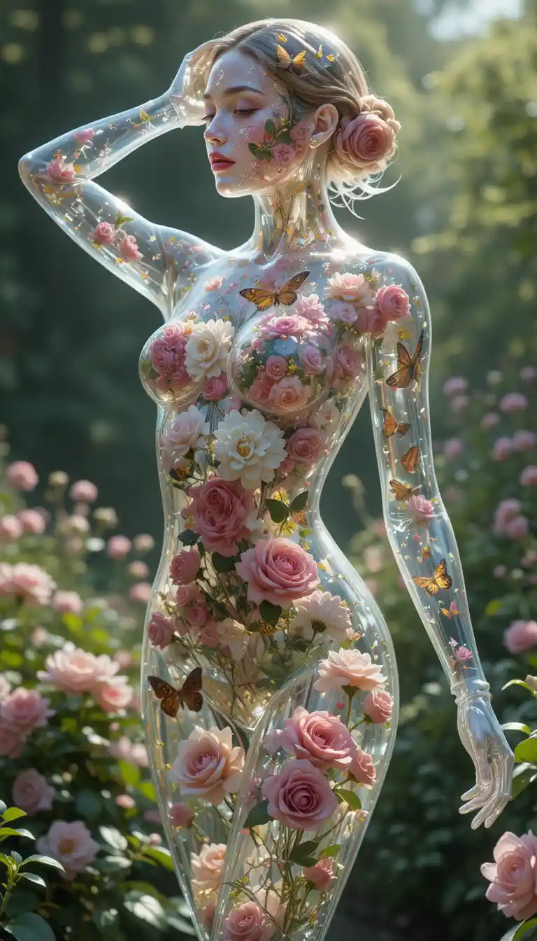 Mujer de vidrio transparente llena de rosas en un jardín