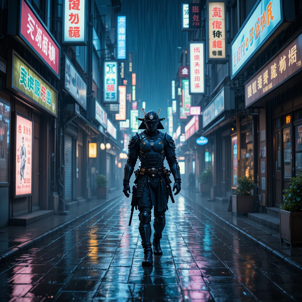 Samurái cibernético caminando solo por un callejón lluvioso y neón en Tokio