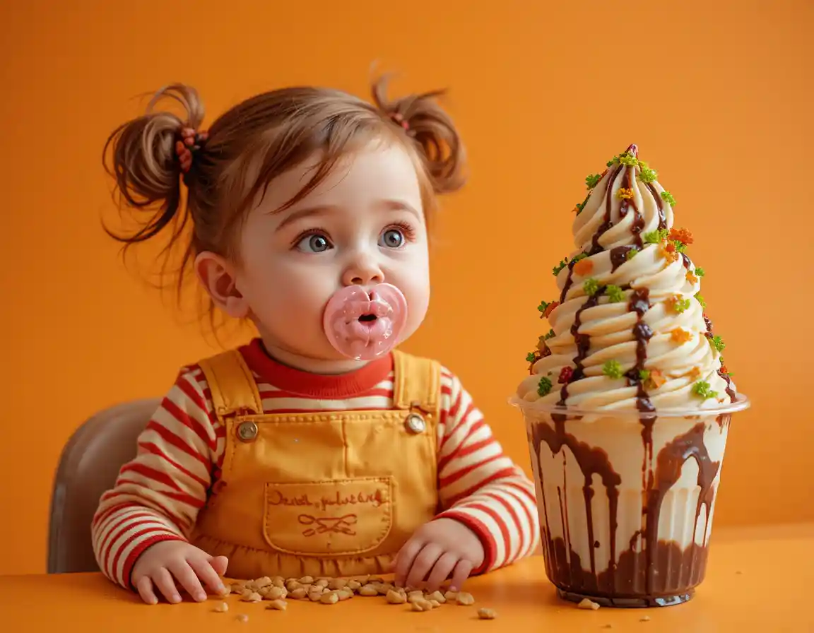 Curious toddler girl in yellow overalls looking up softly
