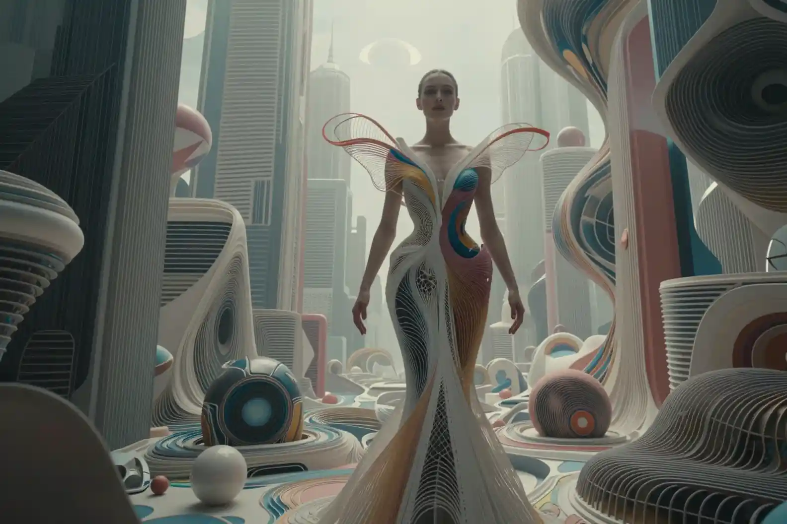 Surreal woman fused with a flowing futuristic cityscape couture
