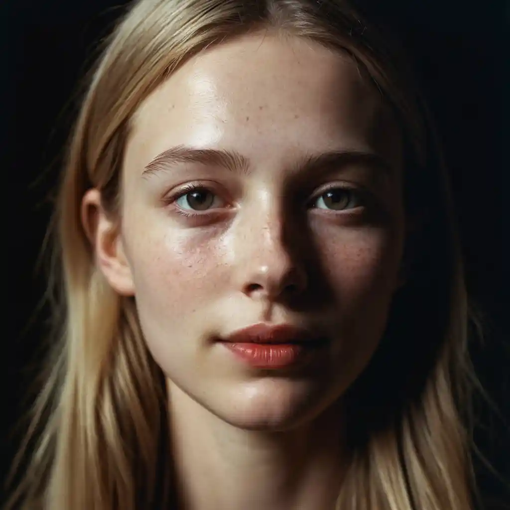 붉게 빛나는 눈을 가진 창백한 여성의 우울한 초상
