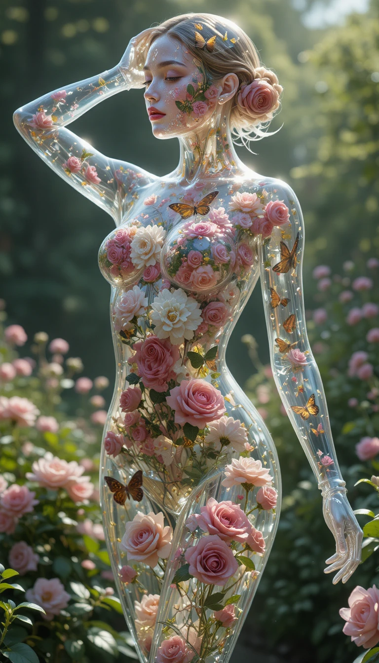 Mujer de vidrio transparente llena de rosas en un jardín