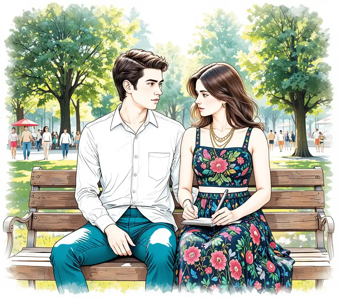 Young couple sitting on a bench in a sunny park