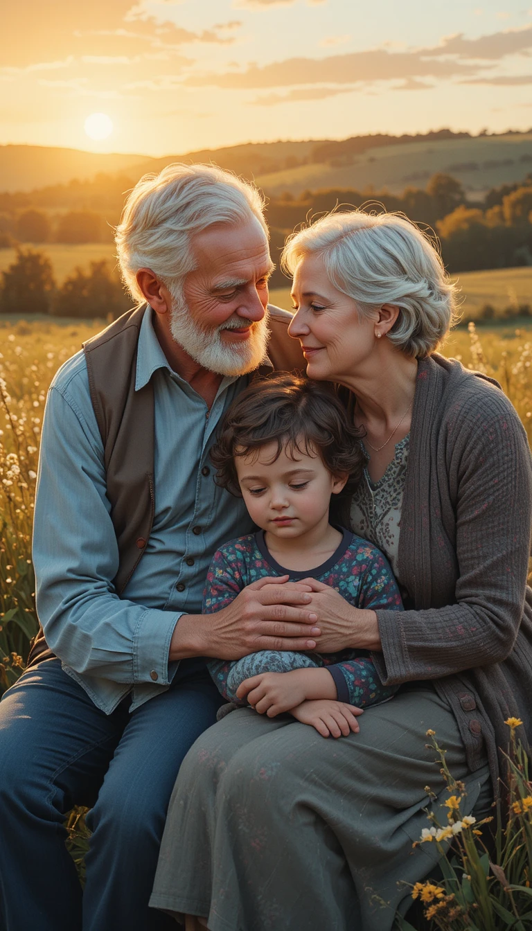 Abuelos con su nieto tomados de la mano al atardecer