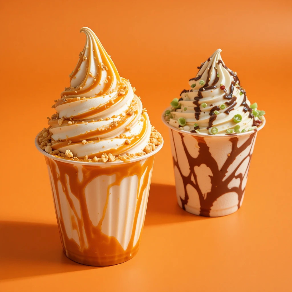 Vasos de helado soft de vainilla con coberturas de caramelo y chocolate