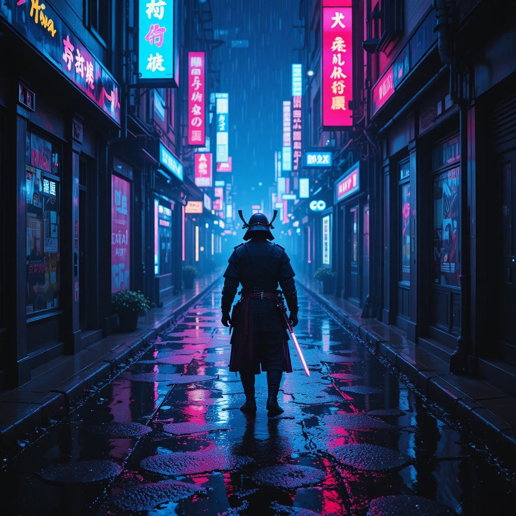 Samurái cyberpunk en un callejón neón con katana brillante