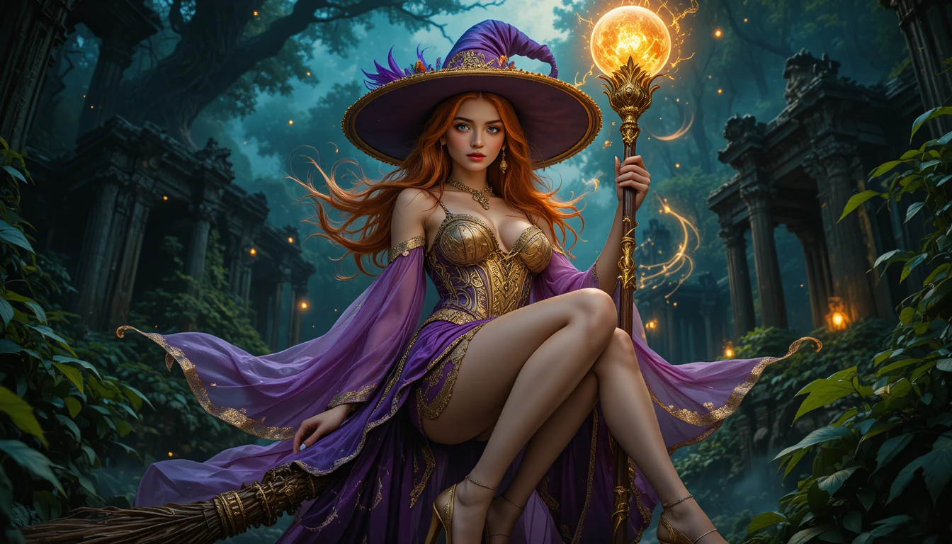 Hechicera encantadora en una escoba en un bosque resplandeciente