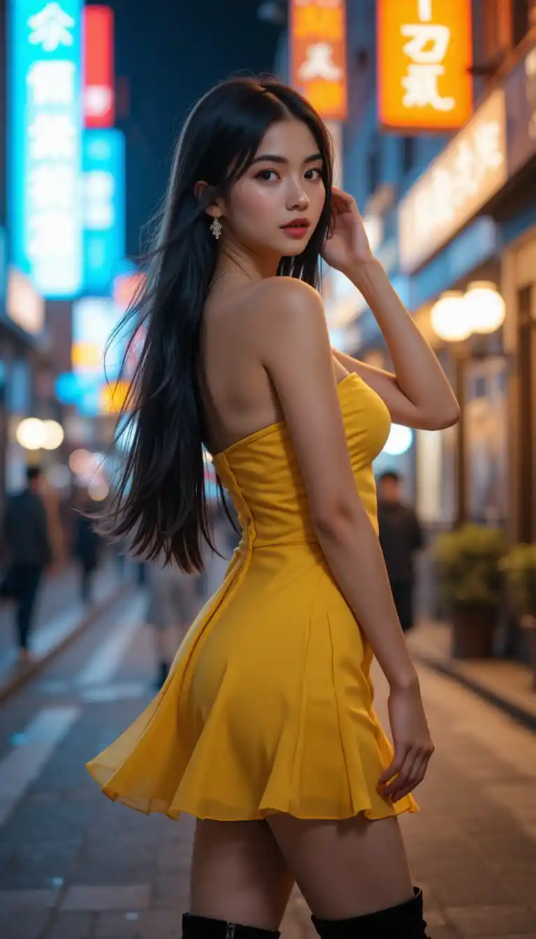 Stylish woman walking on a night city street