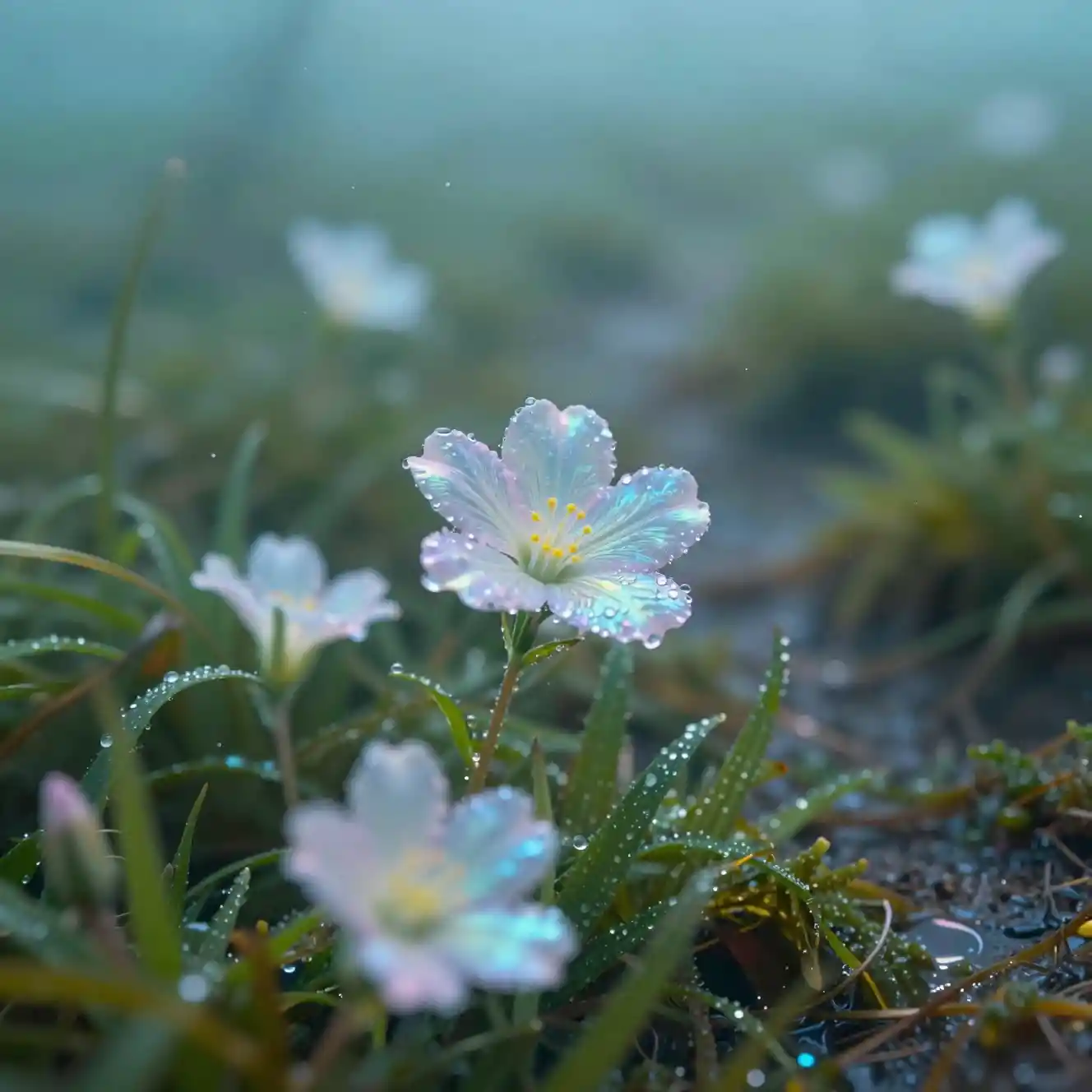 Fiore di rugiada iridescente che sboccia in un prato mistico