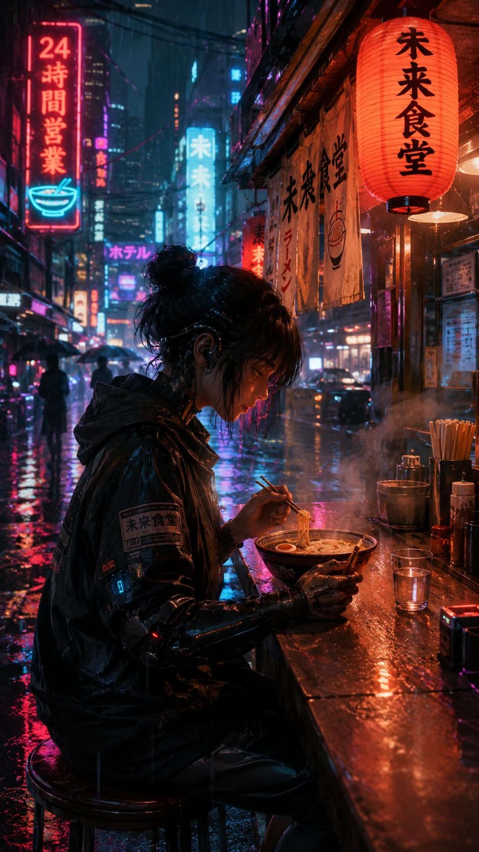 Pausa para ramen neón en una calle lluviosa de ciudad cyberpunk