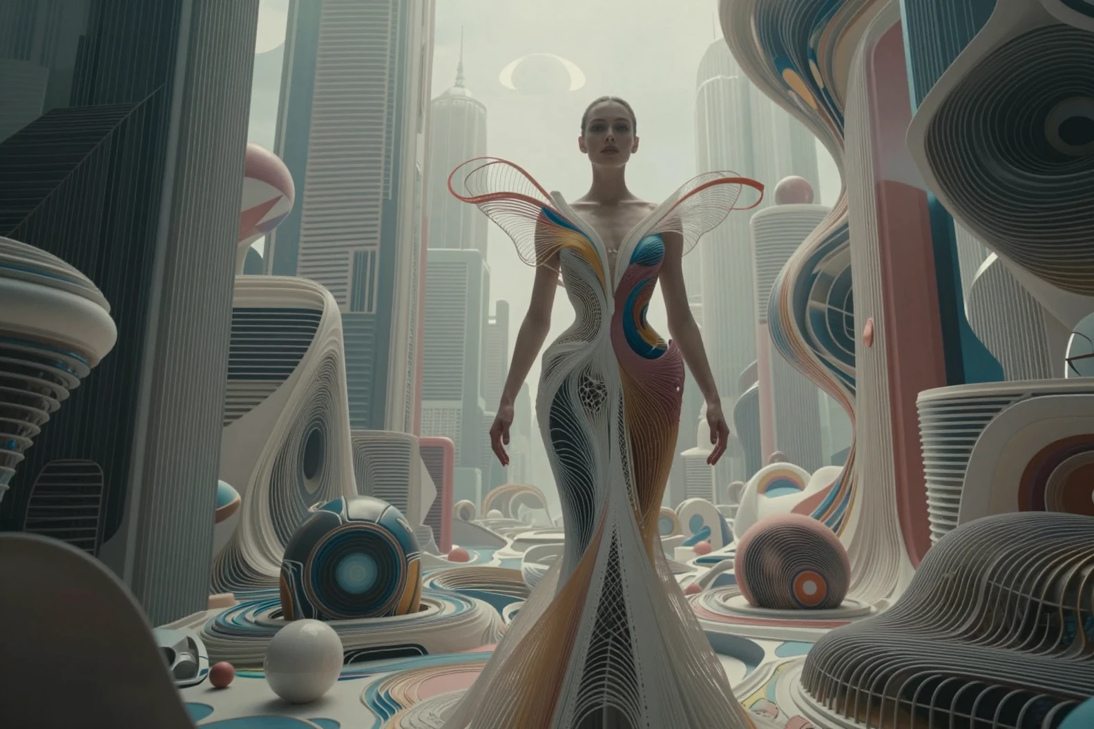 Mujer surreal fusionada con una fluida alta costura de paisaje urbano futurista