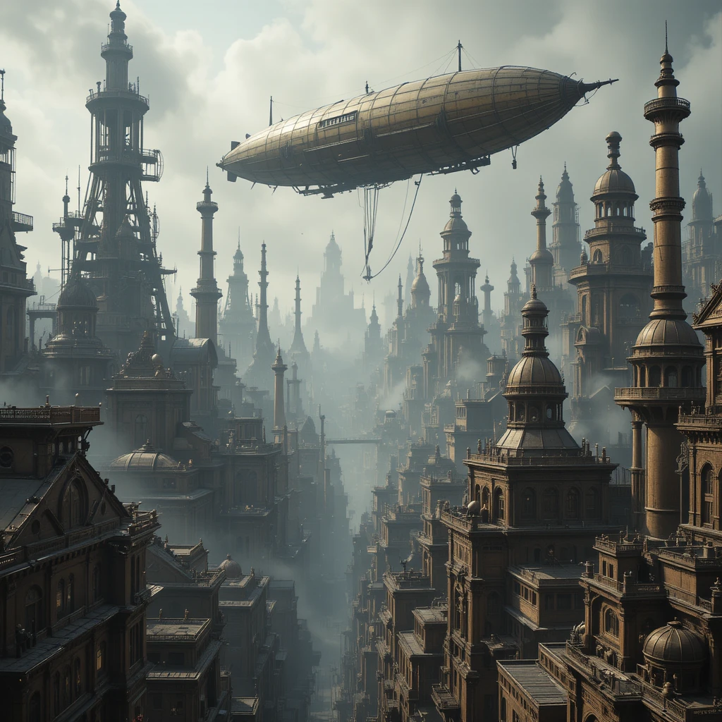 Metrópolis steampunk victoriana con imponentes maquinarias y dirigibles