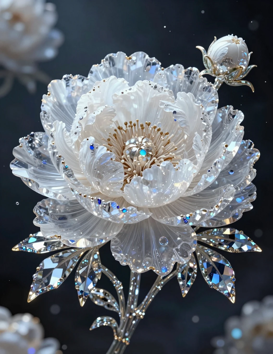 Flor de peonía blanca cristalina con detalles iridiscentes y reflectantes