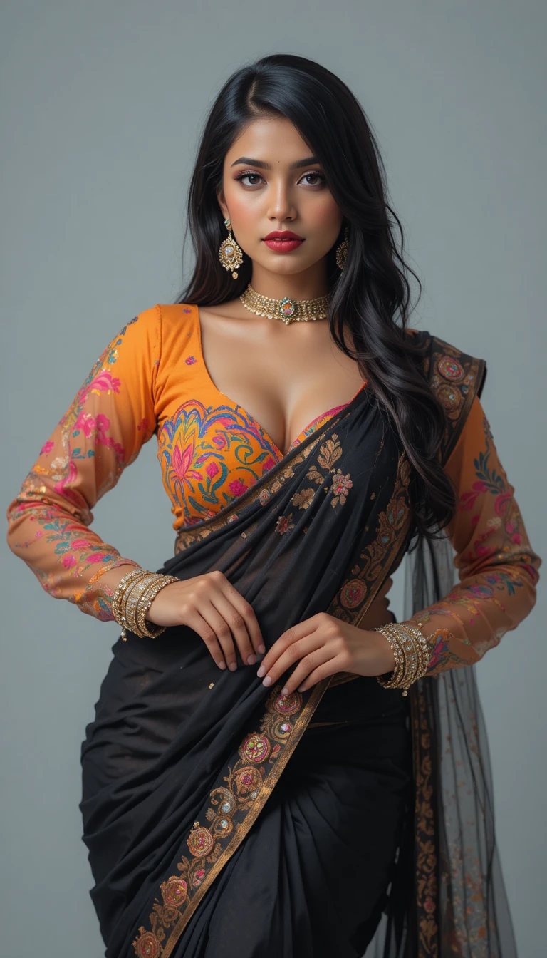 黒いサリーをまとった自信あふれる若いインド人女性の全身ポーズ
