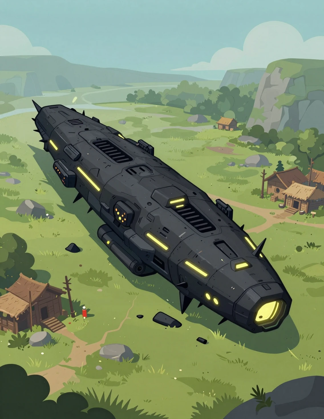 Crucero de batalla sci‑fi estrellado junto a un pueblo en llanuras de hierba