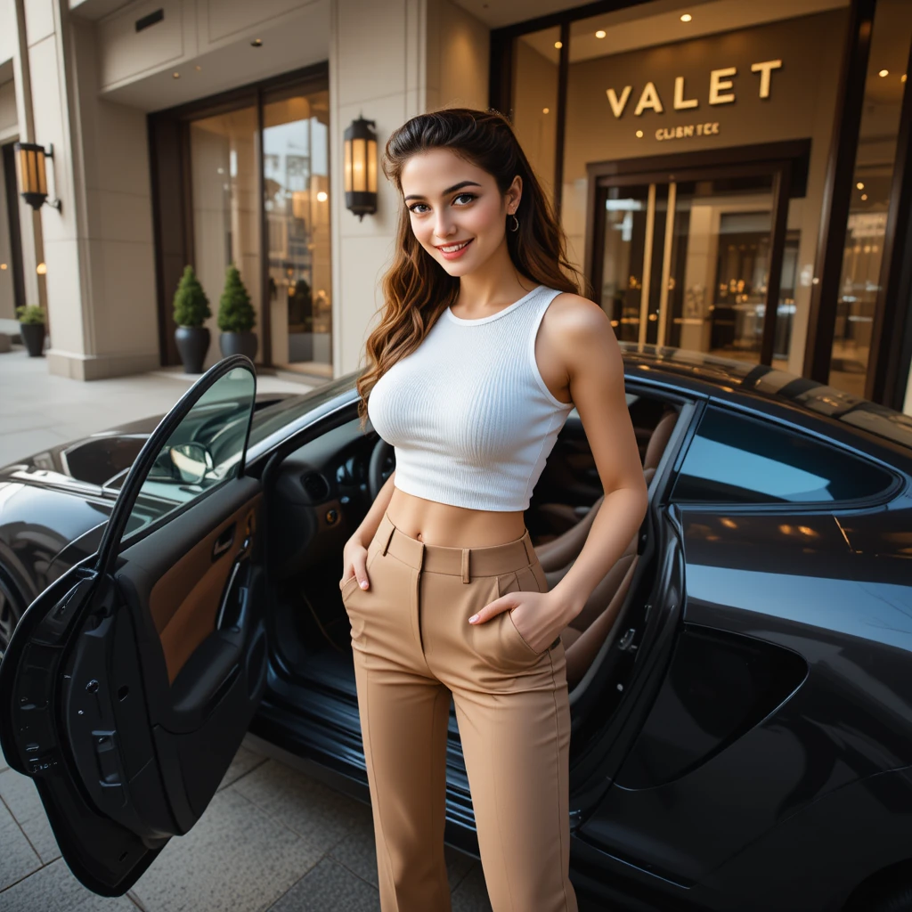 Mujer junto a un coche deportivo en la entrada de valet de un hotel de lujo
