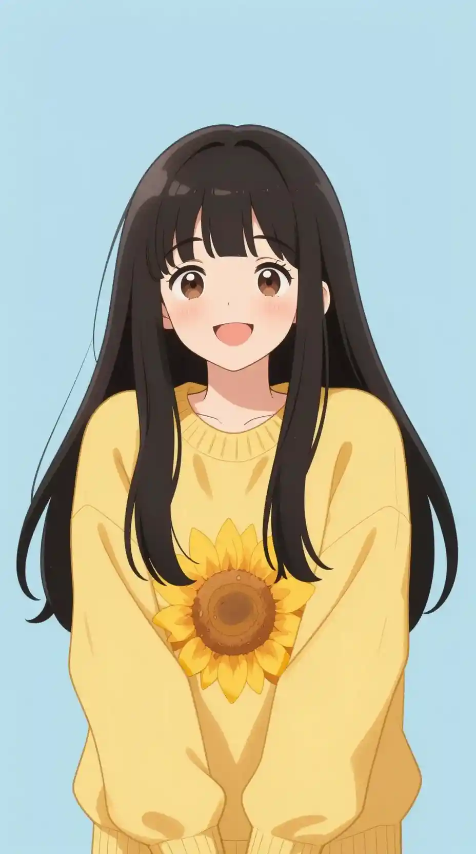 柔らかな水色背景の黄色いセーターを着た cheerful なアニメ少女