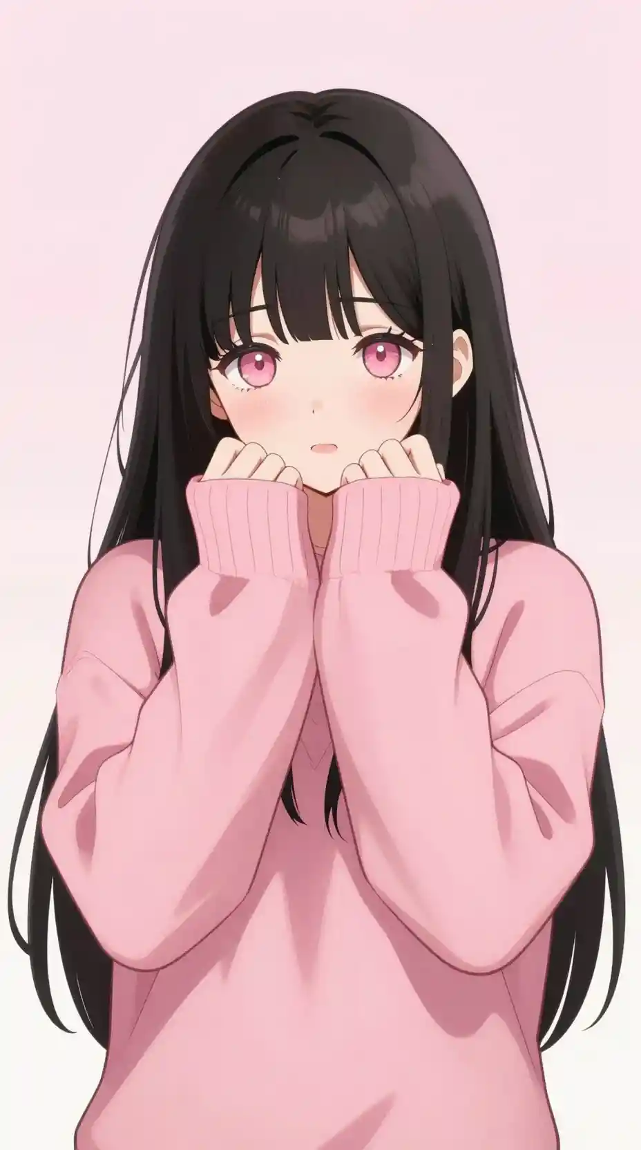Chica de anime tímida con suéter rosa rubor sobre fondo pastel suave