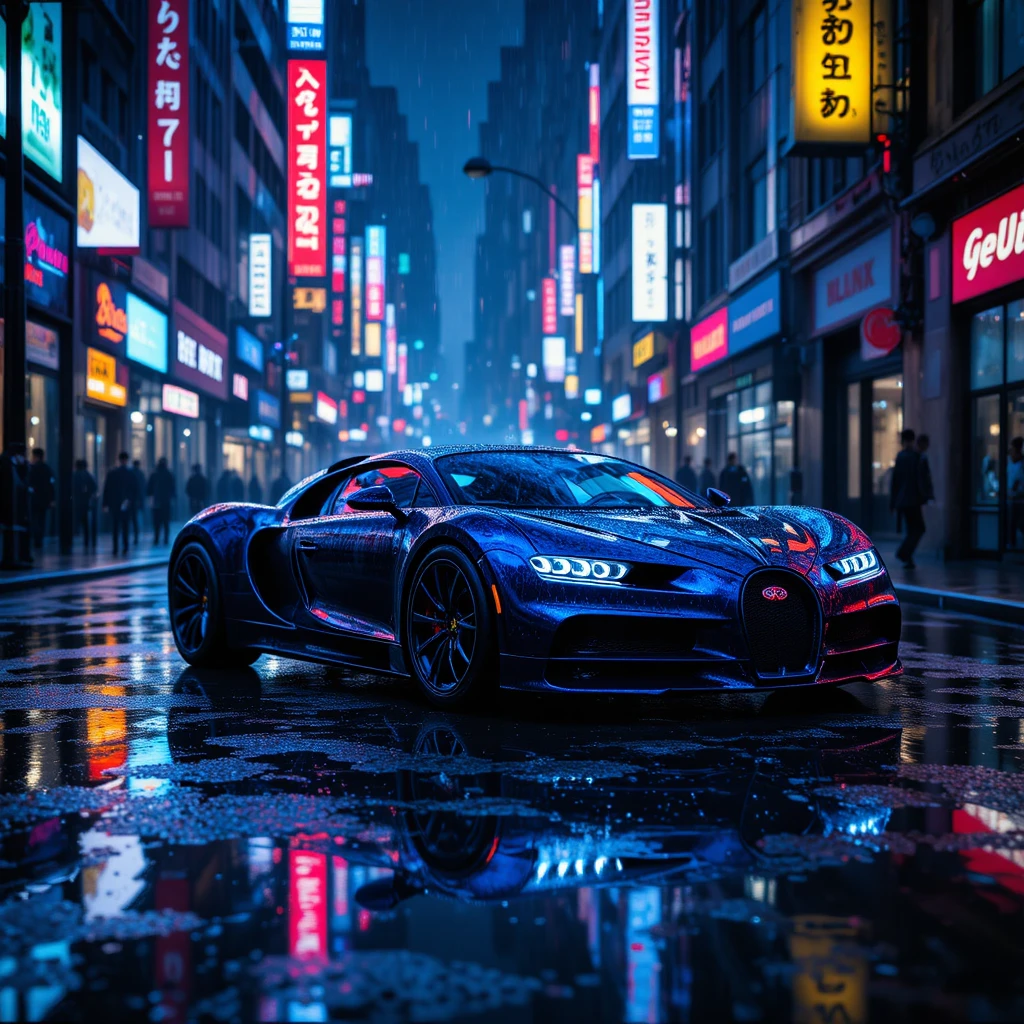 Hypercar azul futurista en una calle urbana mojada iluminada por neón