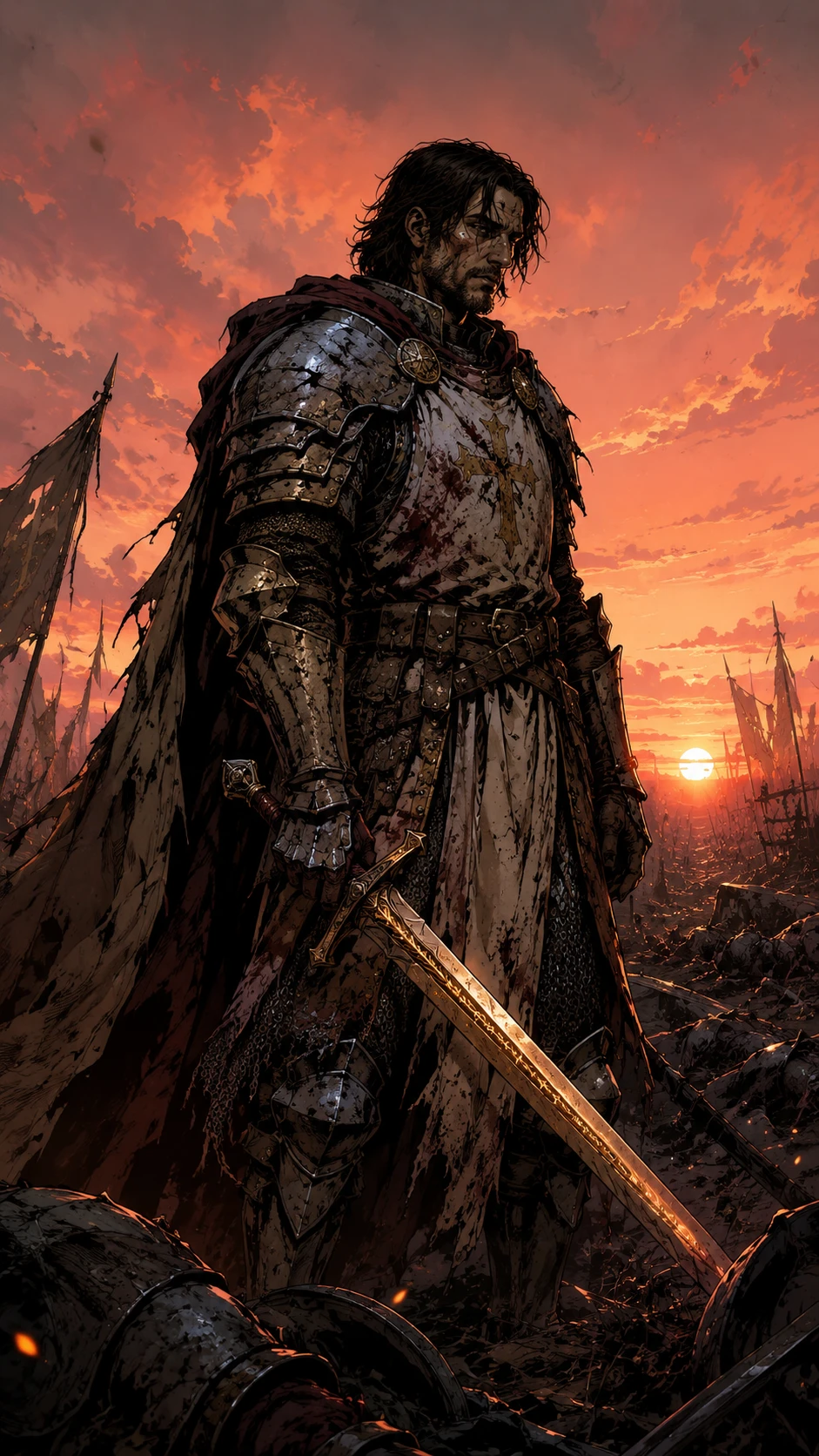 Paladín curtido en batalla en pie y triunfante al atardecer del campo de batalla