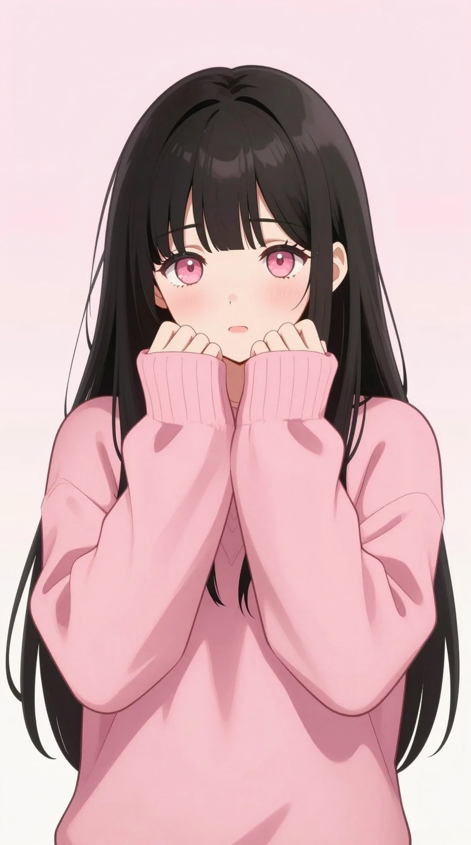 Chica de anime tímida con suéter rosa rubor sobre fondo pastel suave