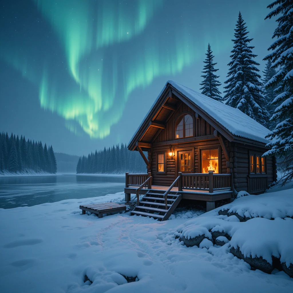 Acogedora Cabaña de Madera Junto a un Lago Congelado bajo las Auroras Boreales