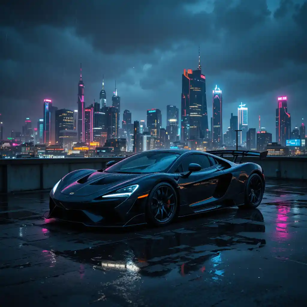 Hypercar nero opaco su un rooftop illuminato al neon di notte