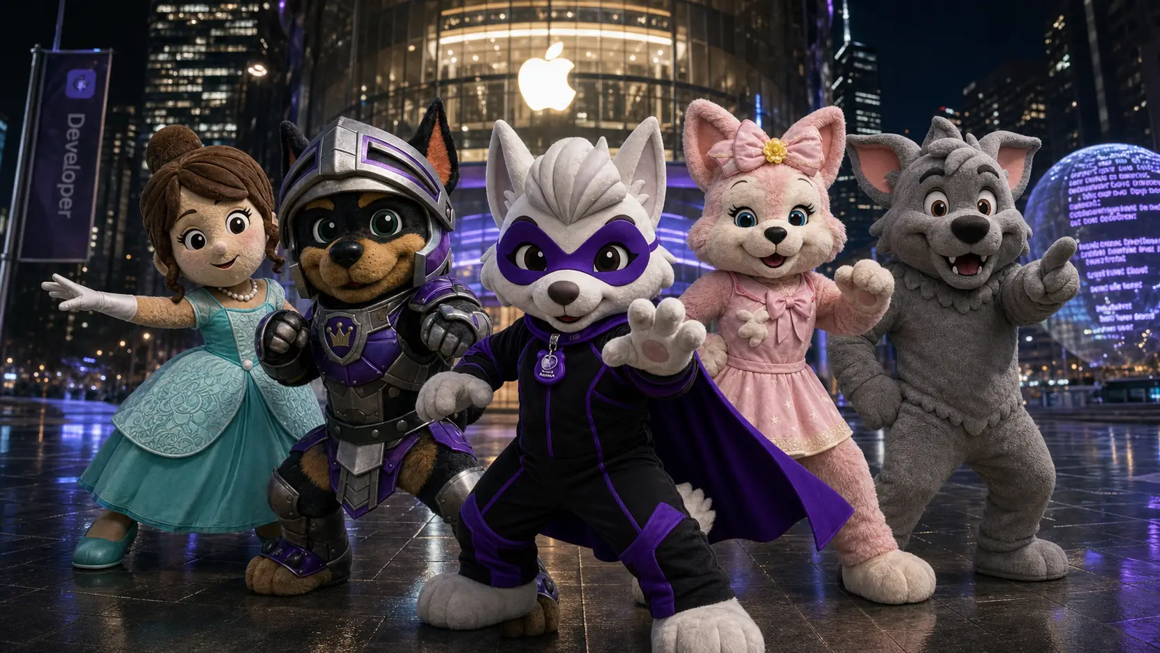Five mascots posing as action ready superheroes in city