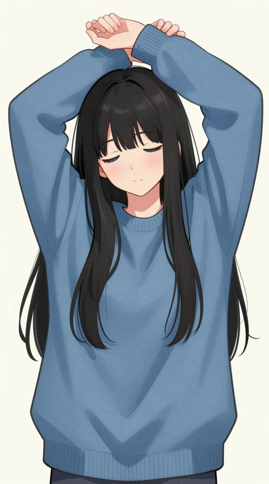 Chica de anime somnolienta estirándose con un suéter azul holgado