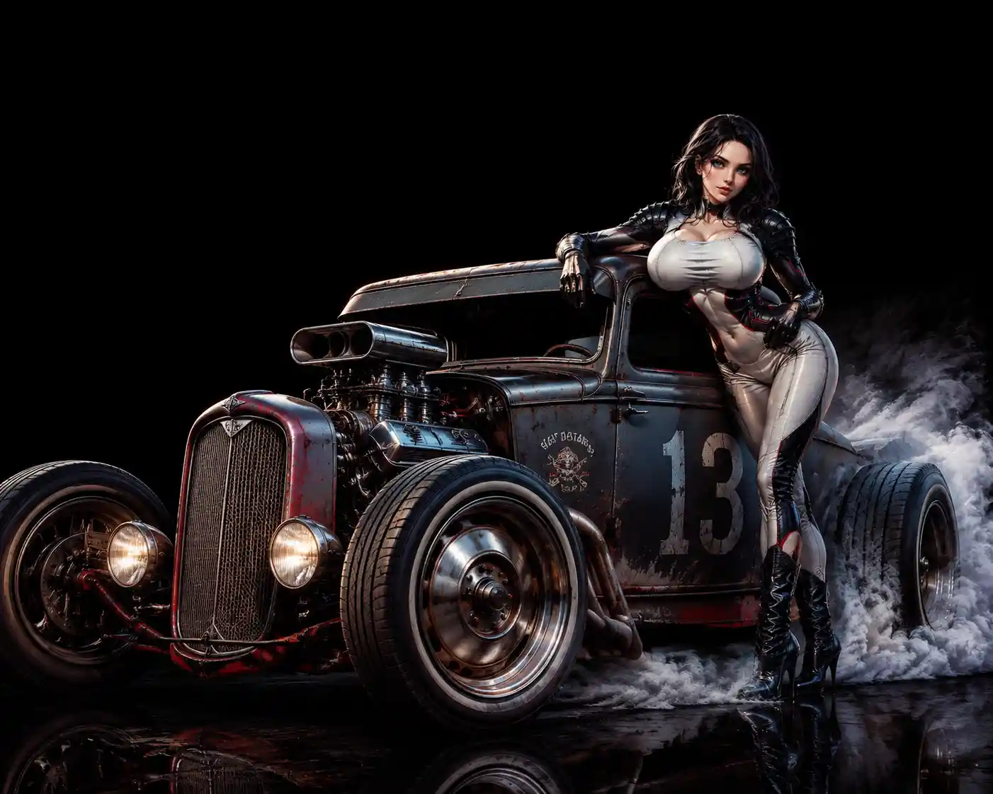 Retro rat rod concept car with smoke trails on black