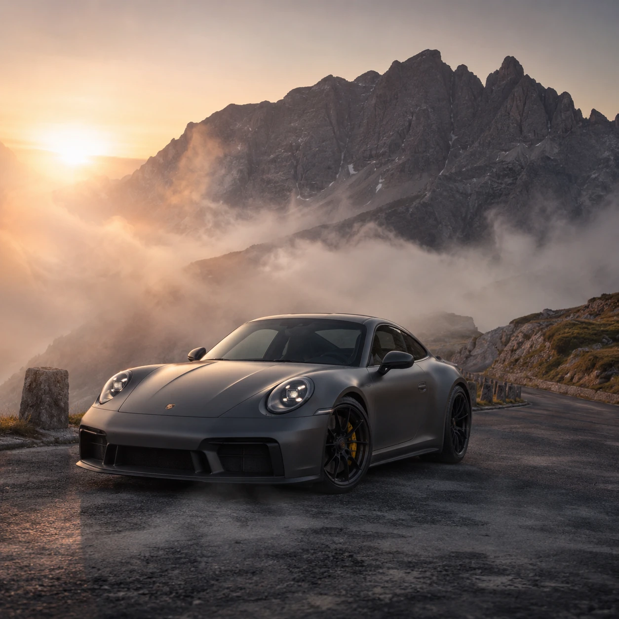 Coupé deportivo en carretera alpina con niebla al amanecer