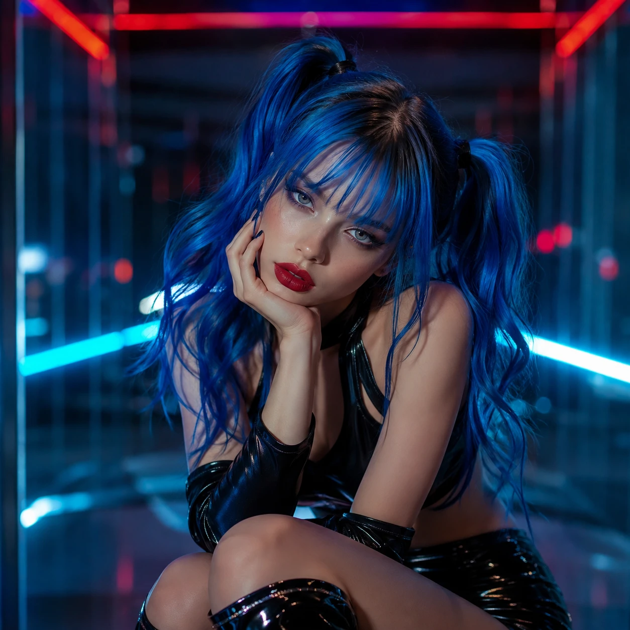 Retrato de moda futurista y juguetón con cabello azul y labios rojos