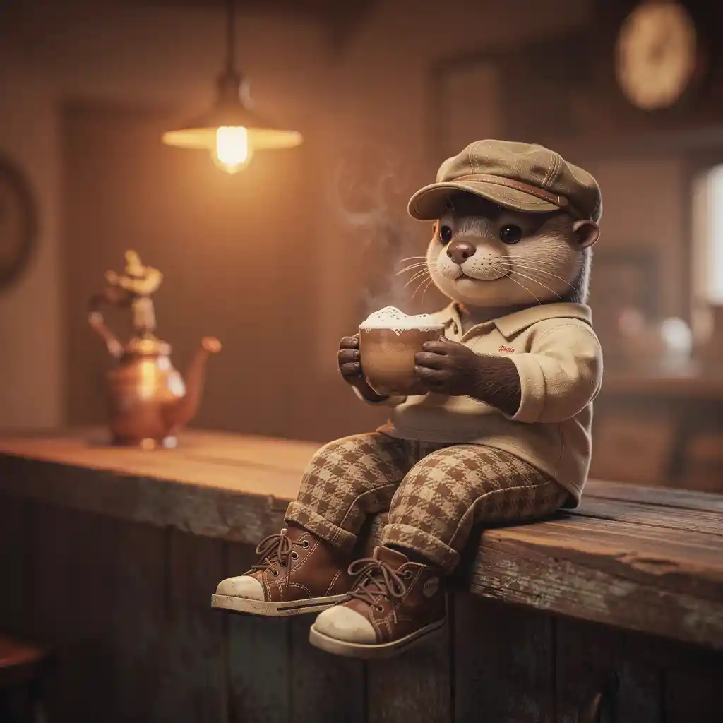 Anthropomorphic otter relaxing with coffee in a warm cafe
