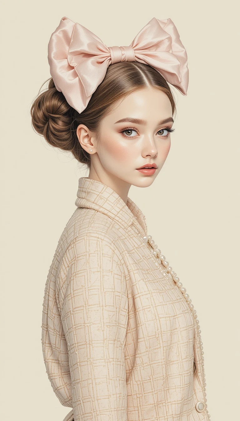 サテンリボンのヘアスタイルの女性のエレガントなファッションイラスト