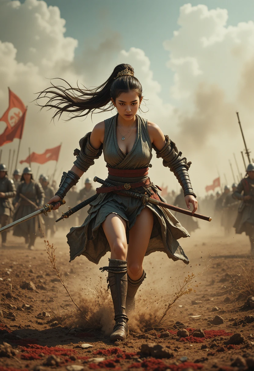 Japanese warrior woman running across a bloody battlefield