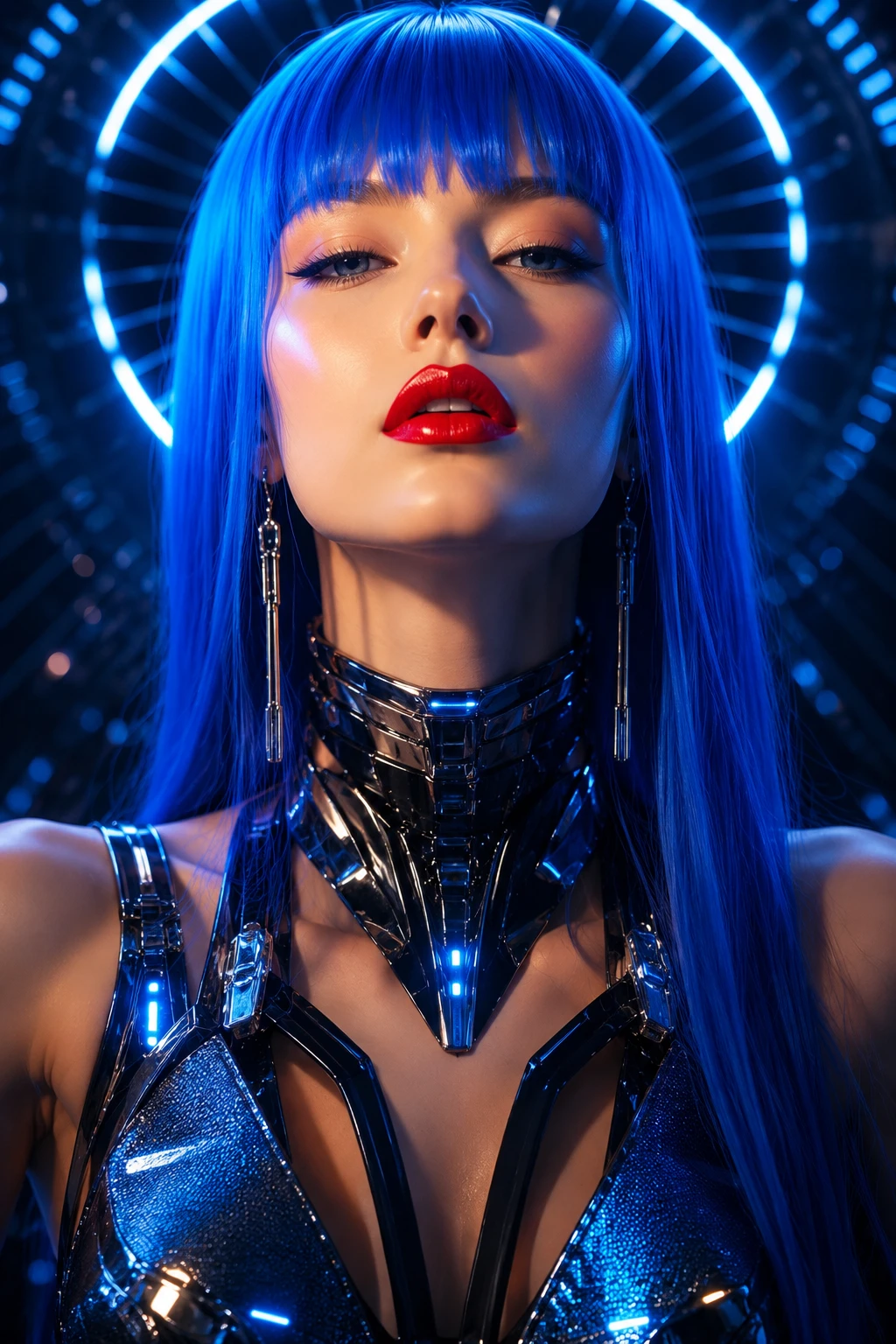 Retrato de moda futurista de una mujer con lápiz labial rojo
