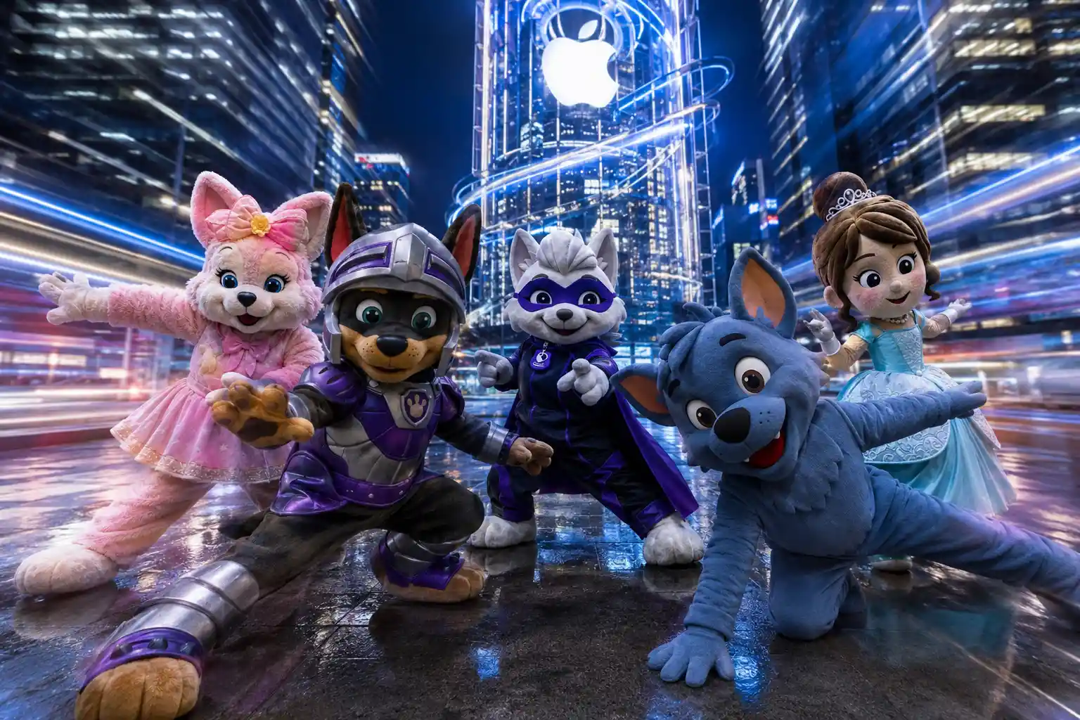 Cinque mascotte cittadine assumono audaci pose da ninja supereroi