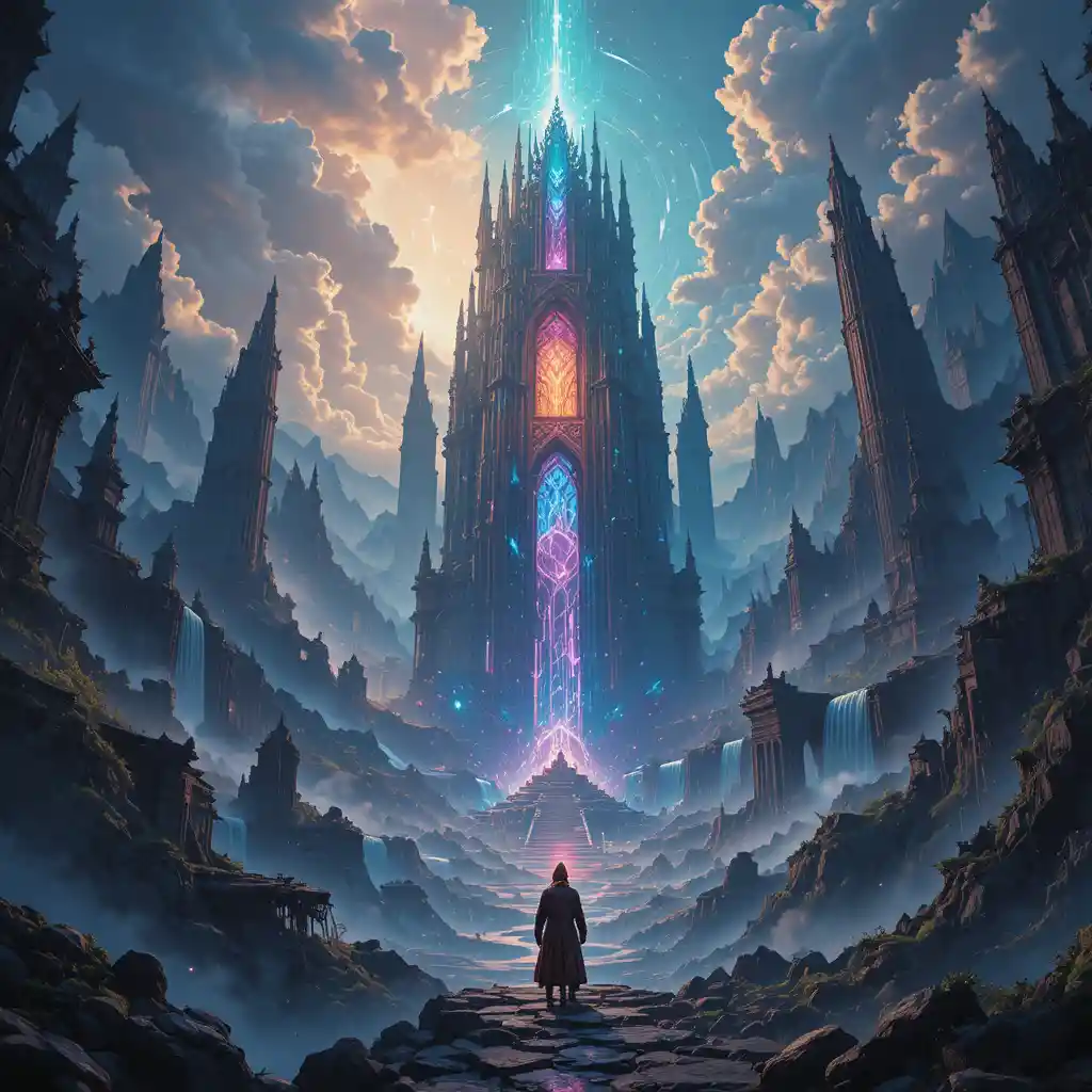 Paisaje de fantasía épica con ruinas colosales y montañas