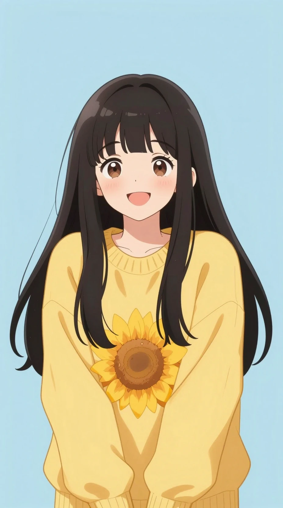 Chica de anime alegre con suéter amarillo sobre fondo azul suave