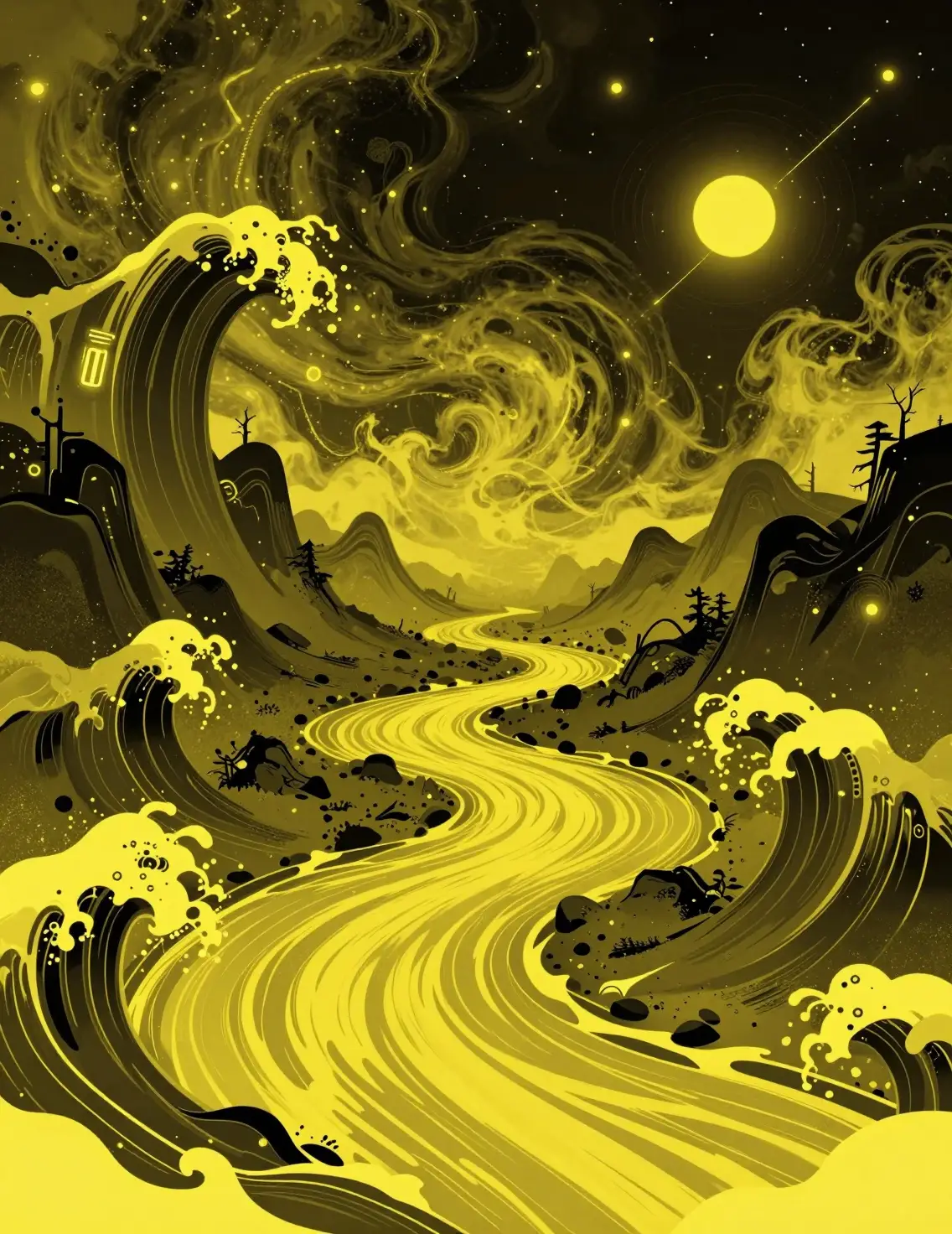 Naturaleza salvaje futurista de ciencia ficción con tormentas cósmicas amarillas