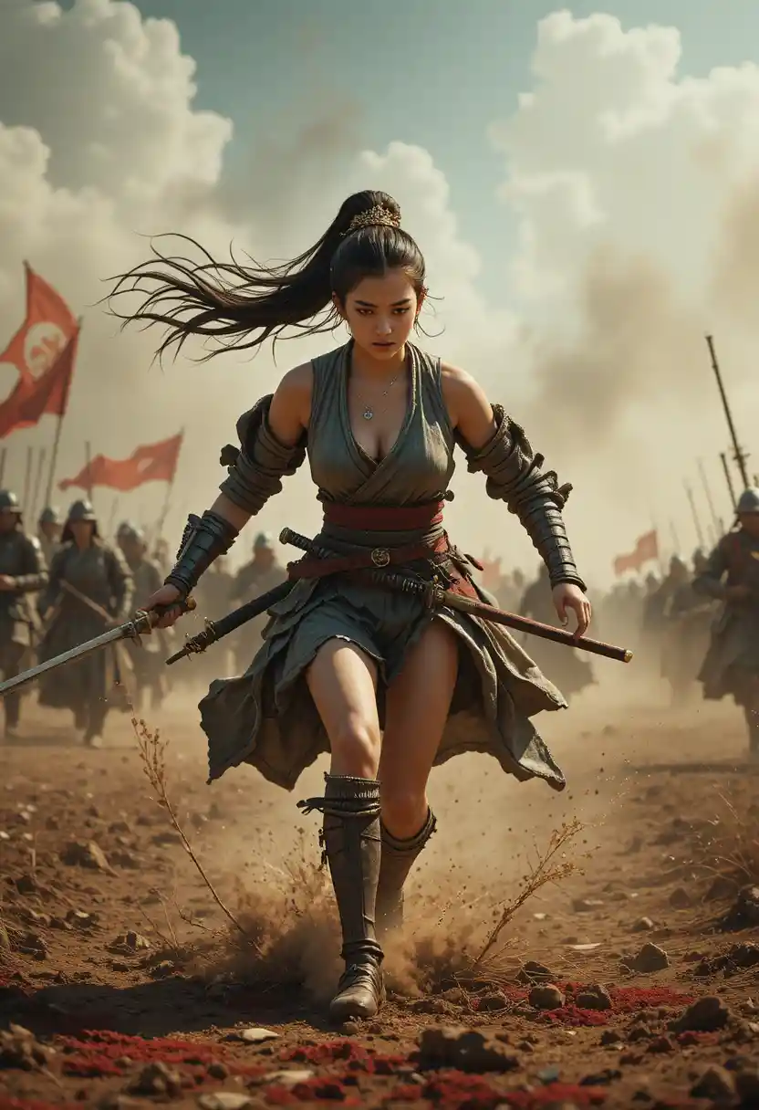 Japanese warrior woman running across a bloody battlefield