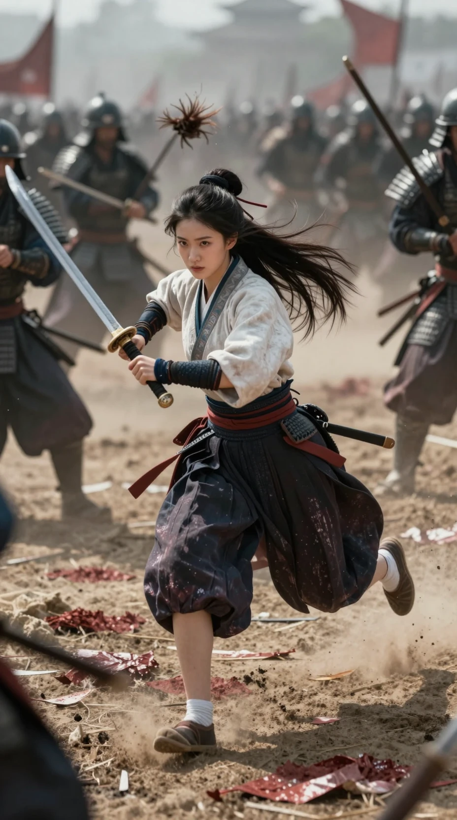 Joven guerrera japonesa corriendo por el campo de batalla
