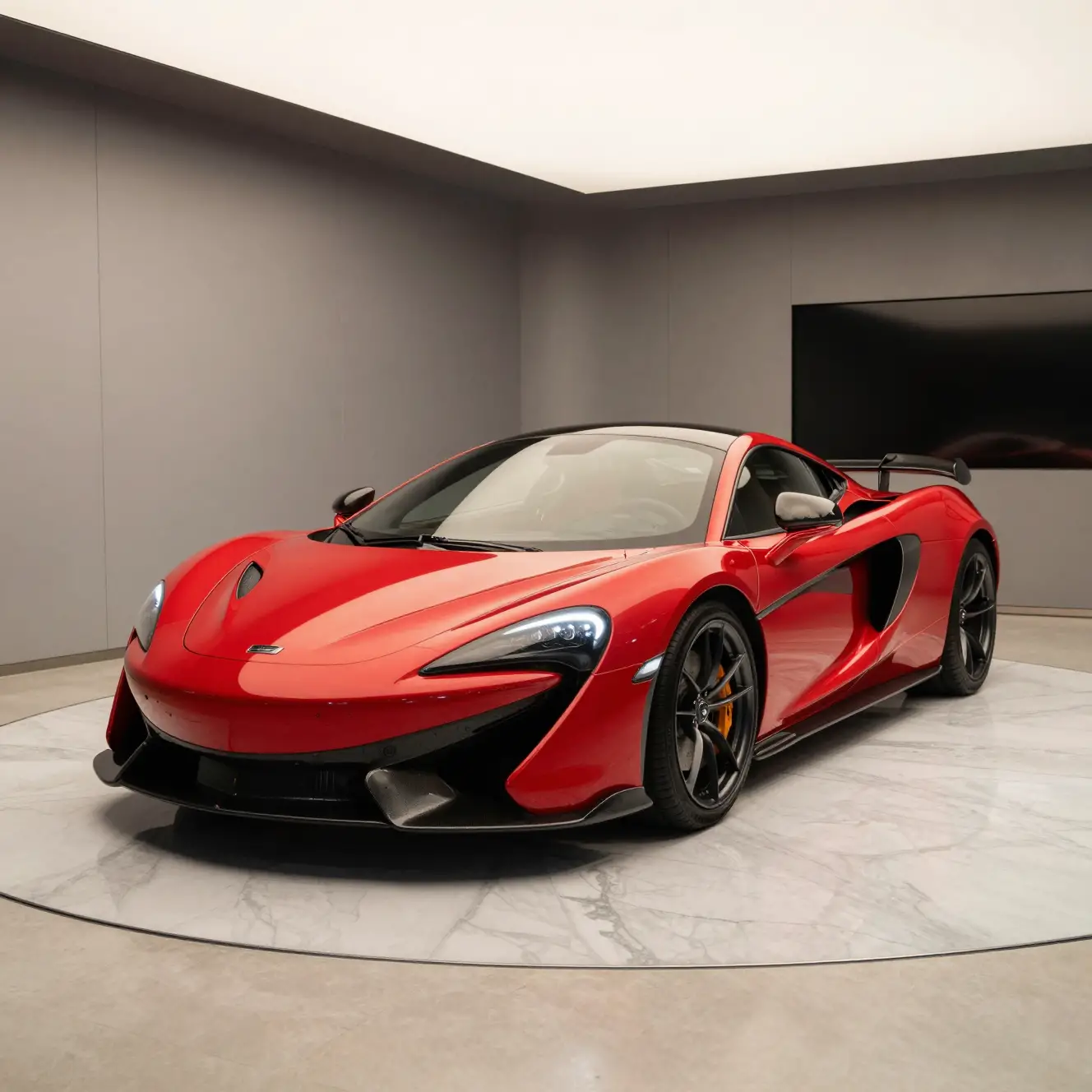 Red supercar in a modern luxury showroom on marble floor