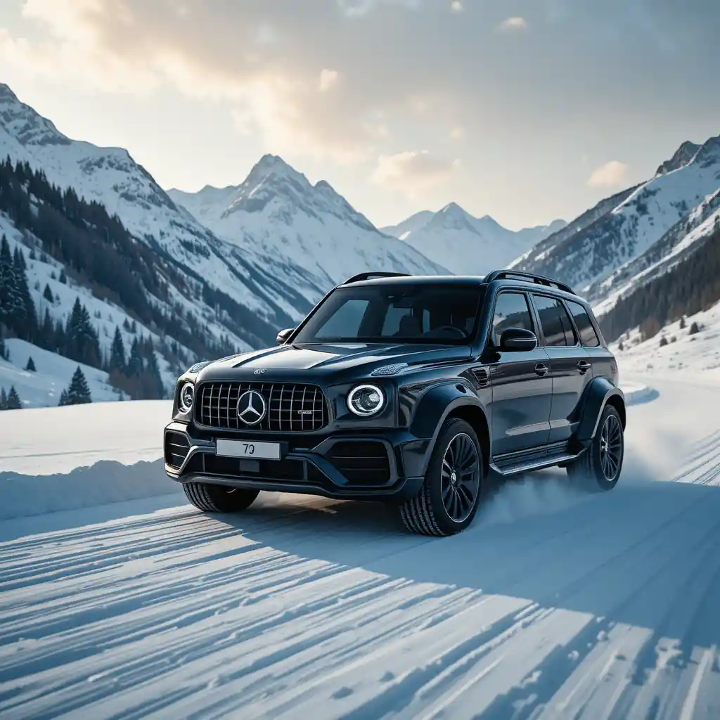 雪の山道を走る黒い高級SUV