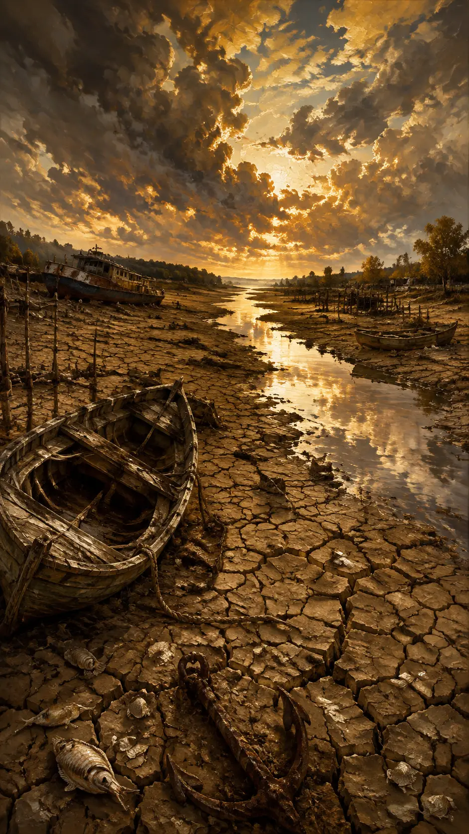 Danube frappé par la sécheresse serpentant à travers la boue craquelée
